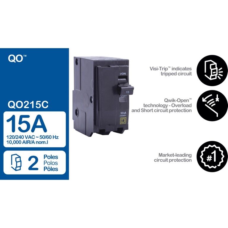 Square D QO Standard 2-Pole Mini Circuit Breaker, 15-A, 120-V/240-V AC