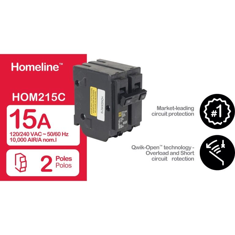 Square D Homeline Standard 2-Pole Mini Circuit Breaker, 15-A, 120-V/240-V AC