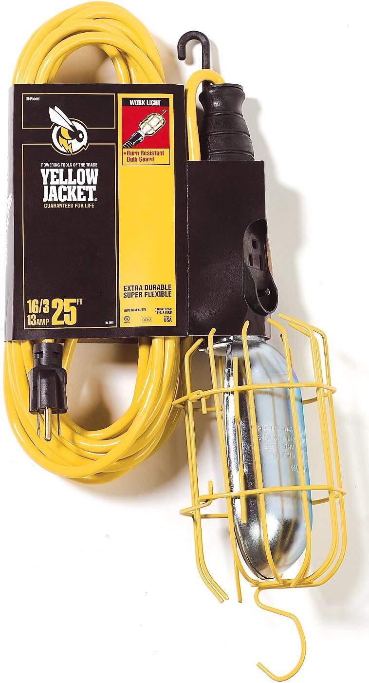 Yellow Jacket 2893 16/3 SJTW Trouble Light Work Light With Metal Guard And Outlet, 25-Ft