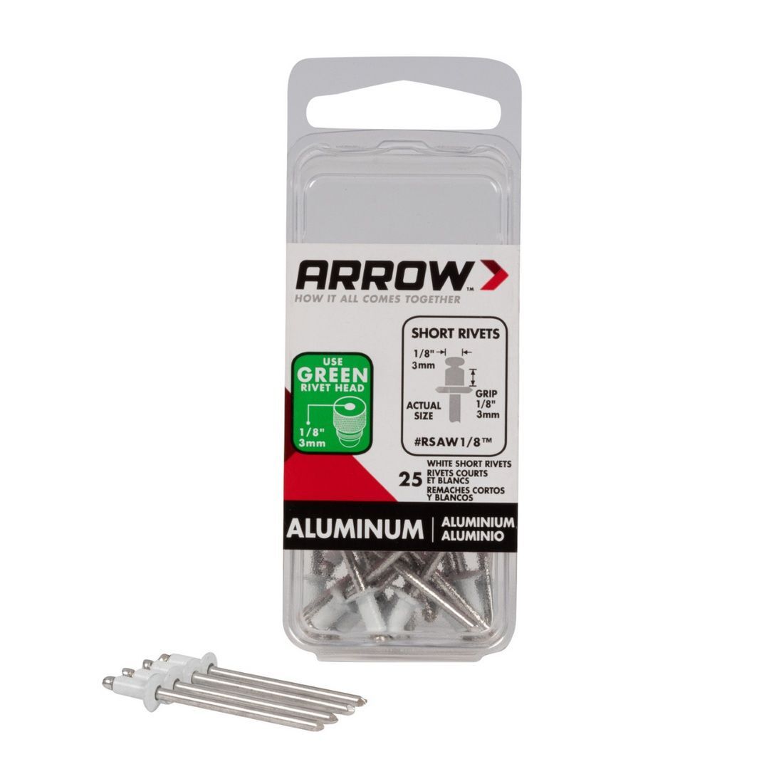 Arrow Fastener RSAW1/8 Short Aluminum White 1/8-In Rivets, 25-Pk