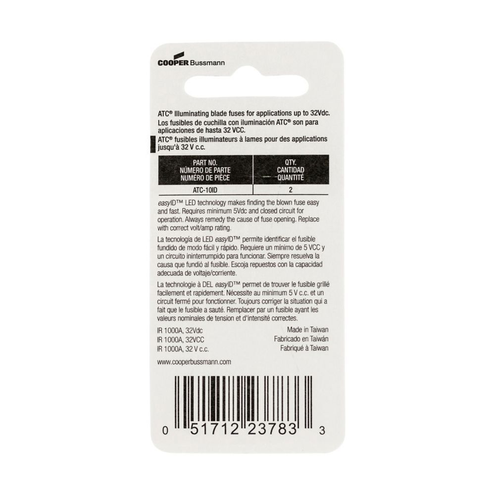 Bussmann BP/ATC-10ID Red ATC EasyID Non-Indicating Blade Fuse, 10-A, 32-V DC, 2-Pk