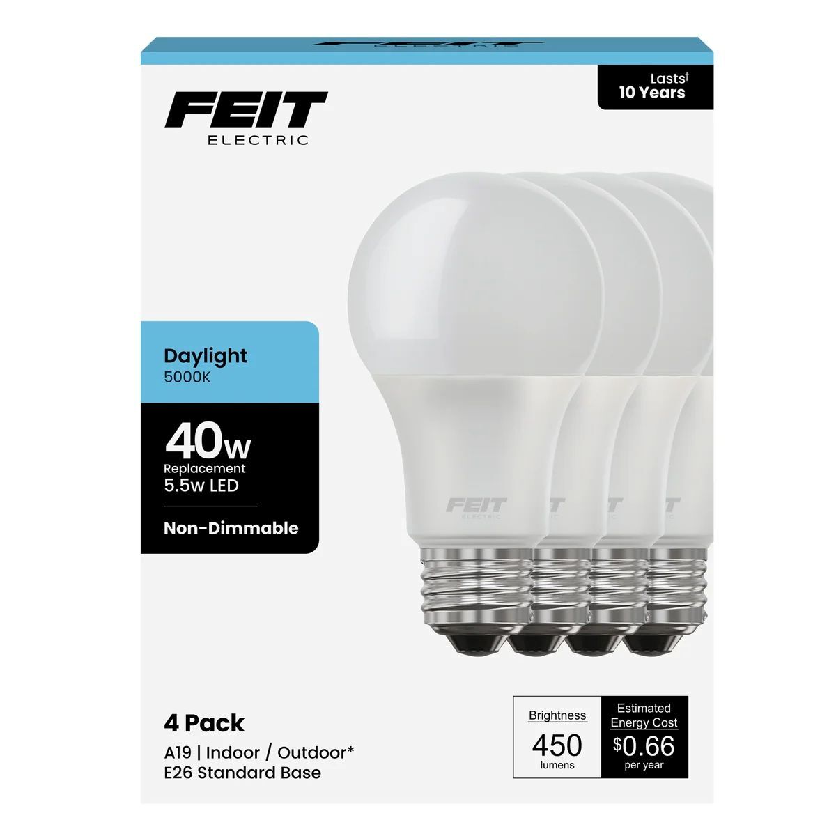 Feit Electric 5.5W Daylight E26 A19 General Purpose LED Lights, 4-Pk
