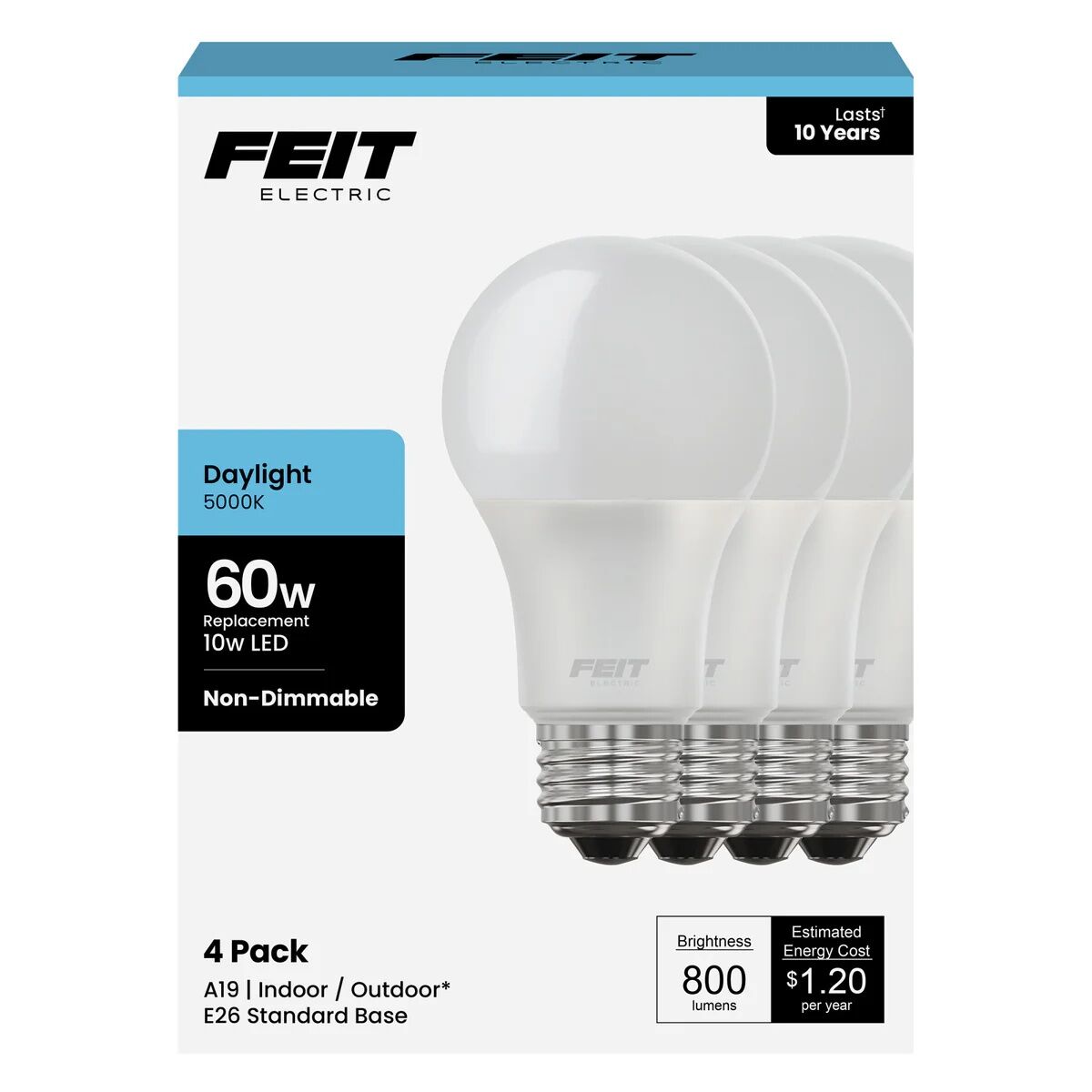 Feit Electric A19 Daylight General Purpose LED Bulb, 60-W, 4-Pk