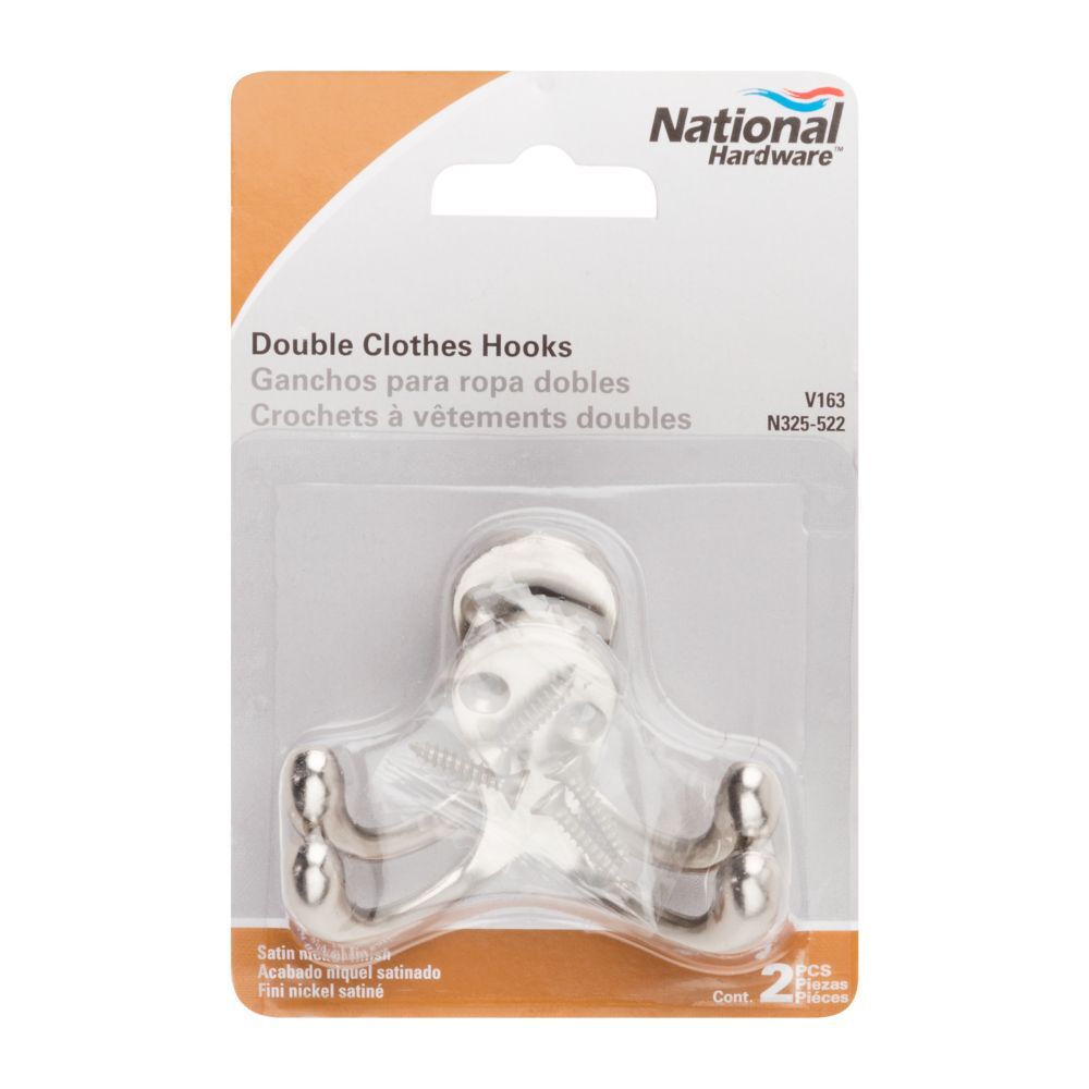 National Hardware Satin Nickel Double Clothes Hook, 2-Pk