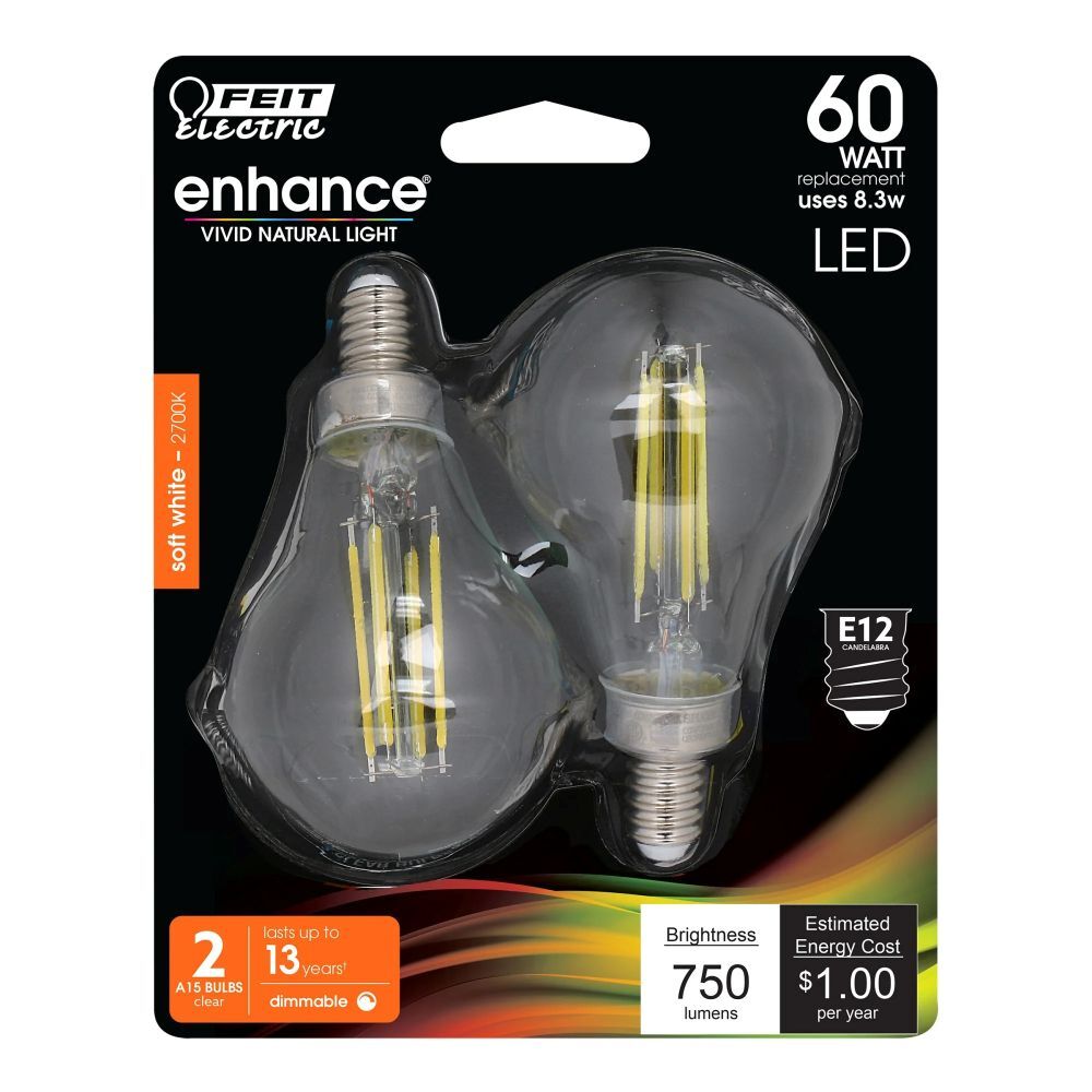 Feit Electric 8.3W Soft White A15 E12 Base Filament LED Lights, 2-Pk