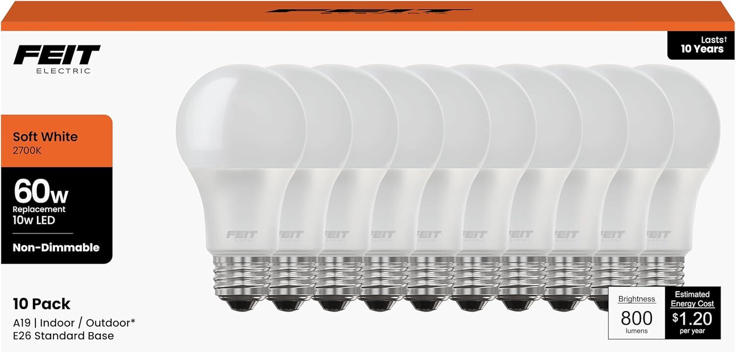 Feit Electric A19 LED Light Bulbs, 60-W, 10-Pk
