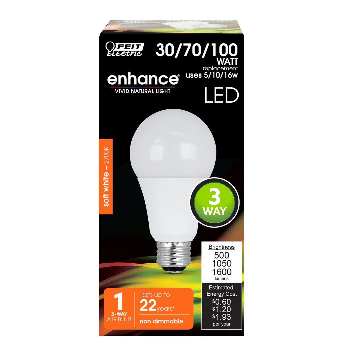 Feit Electric Soft White A19 3-Way Enhance LED Light Bulb, 30/70/100-W