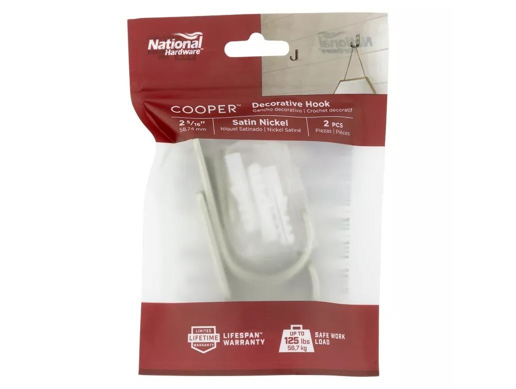 National Hardware Satin Nickel Cooper Multipurpose Hook, 2-5/16-In, 2-Pk