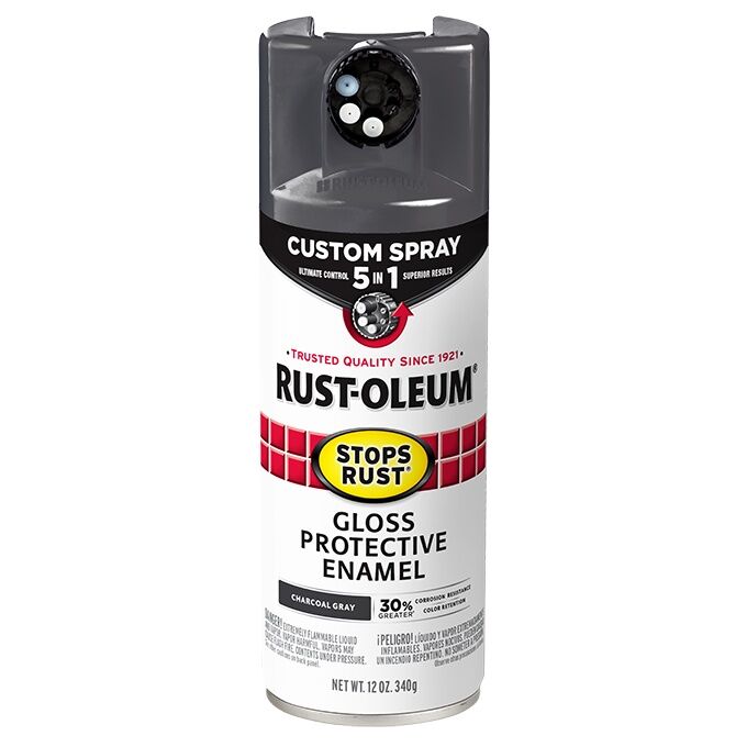 Rust-Oleum Stops Rust Protective Enamel Spray Paint Gloss Charcoal Gray Custom Spray 5-In-1, 12-Oz