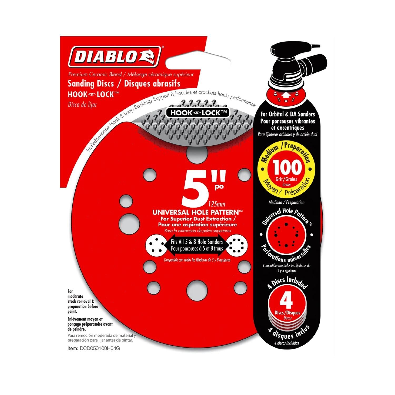 Diablo Tools 100-Grit Hook & Lock ROS Sanding Discs, 5-In, 4-Pk
