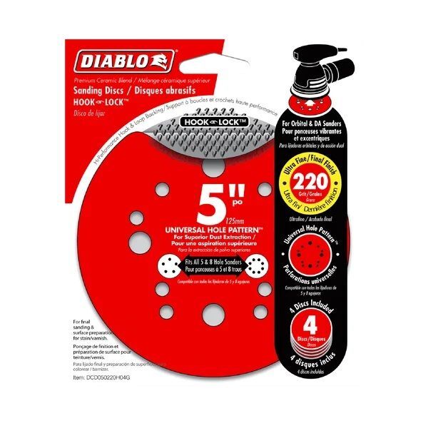 Diablo Tools 220-Grit Hook & Lock ROS Sanding Discs, 5-In, 4-Pk