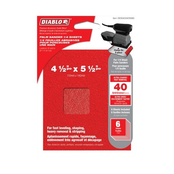 Diablo 40-Grit 4 1/2 X 5 1/2-In Palm 1/4 Sanding Sheets, 6-Pk