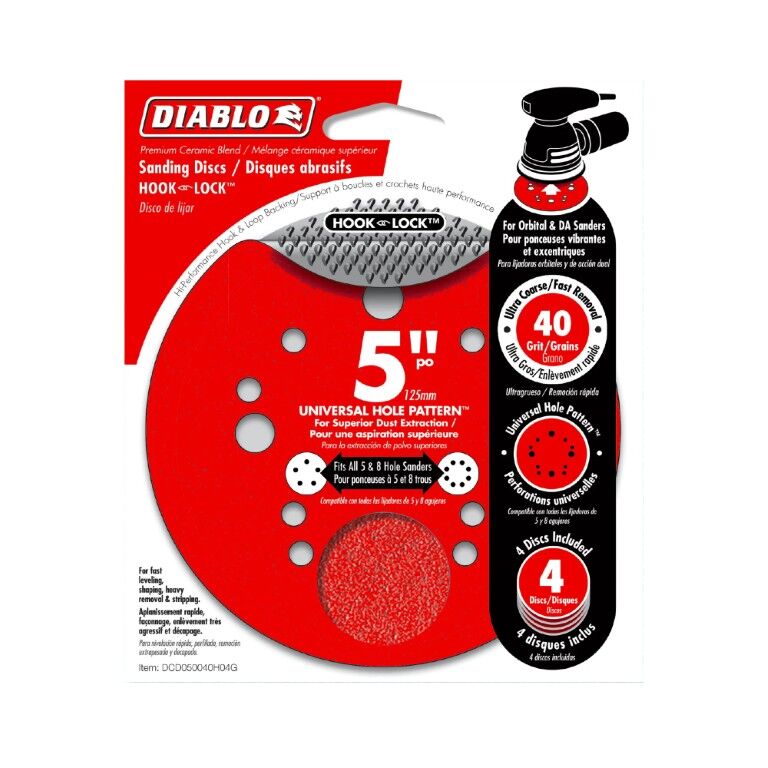 Diablo 40-Grit Hook & Lock ROS Sanding Discs, 5-In, 4-Pk
