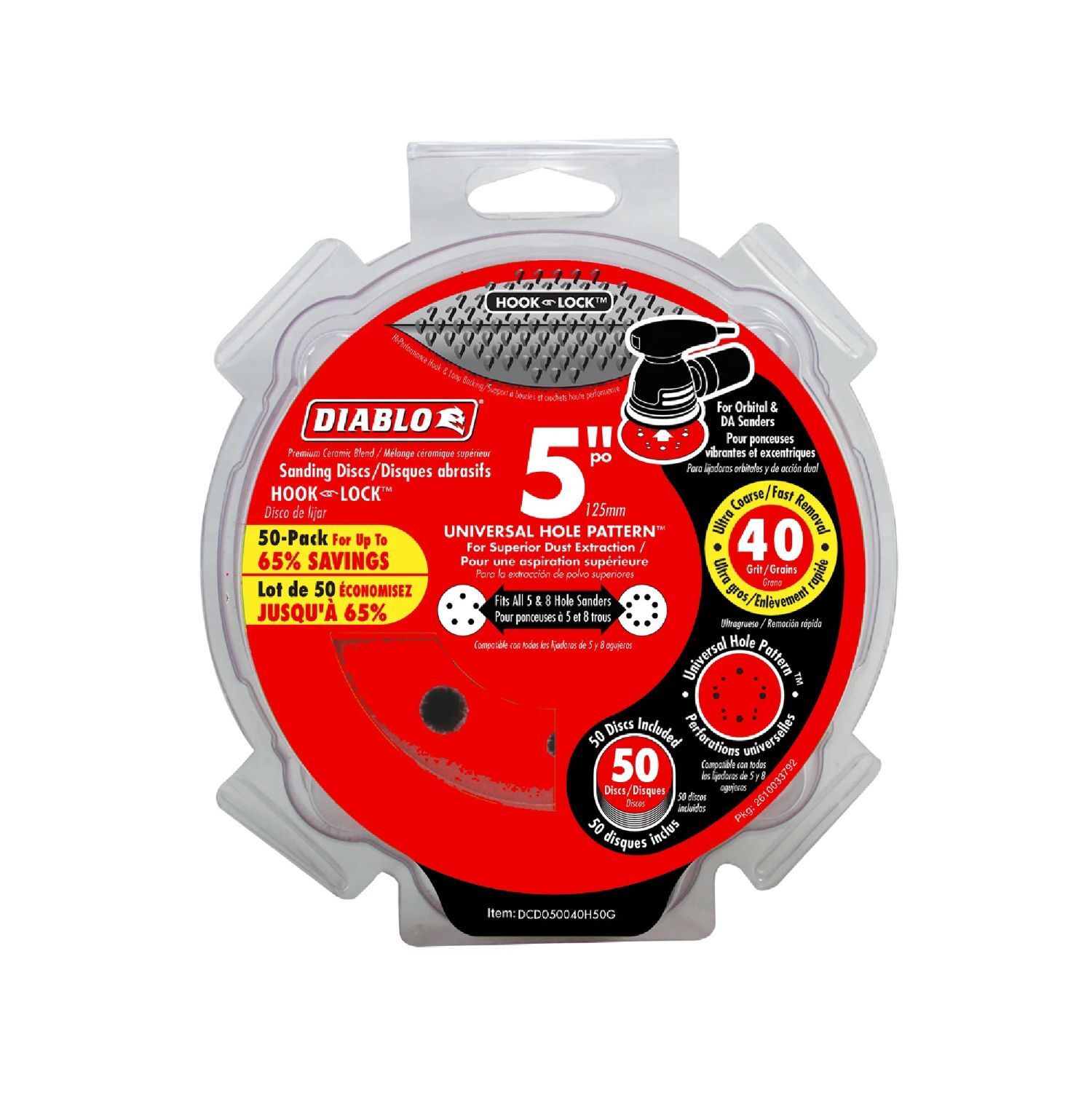 Diablo Tools 40-Grit Hook & Lock ROS Sanding Discs, 5-In, 50-Pk