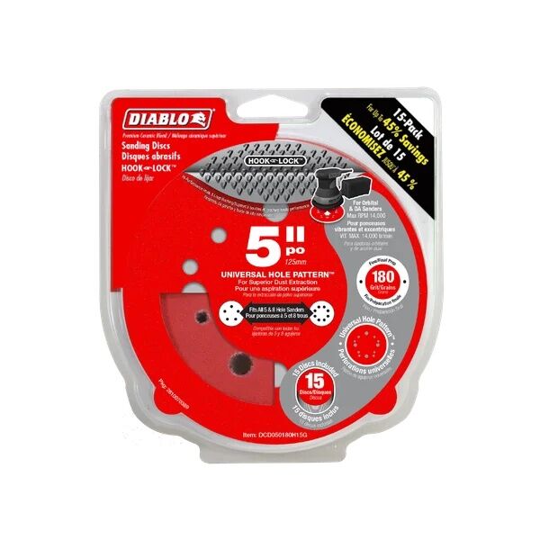 Diablo 180-Grit Hook & Lock ROS Sanding Discs, 5-In, 15-Pk