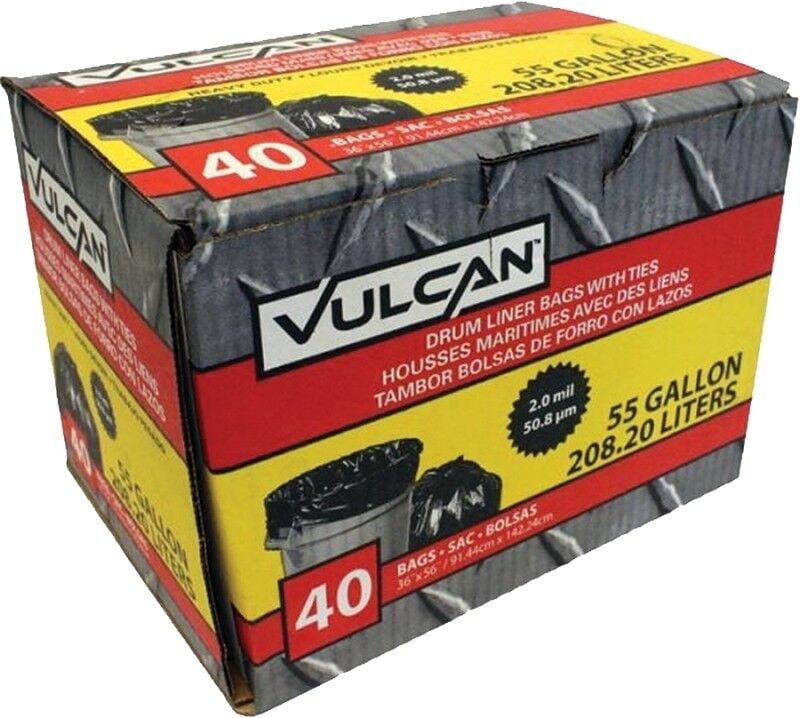 Vulcan Black Drum Liner Bags With ties, 55-Gal, 40-Ct
