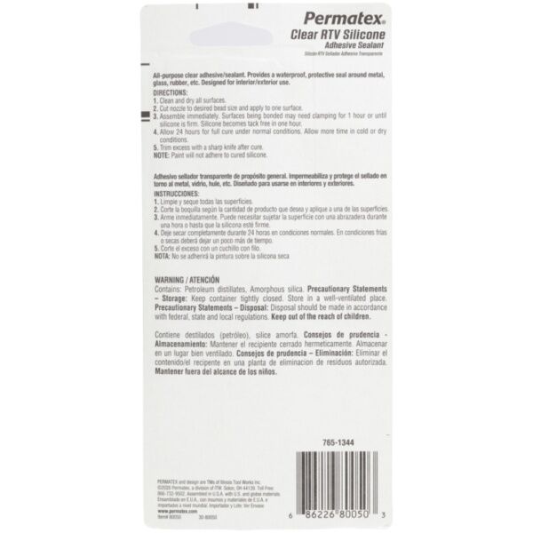 Permatex Clear RTV Silicone Adhesive Sealant, 3-Oz