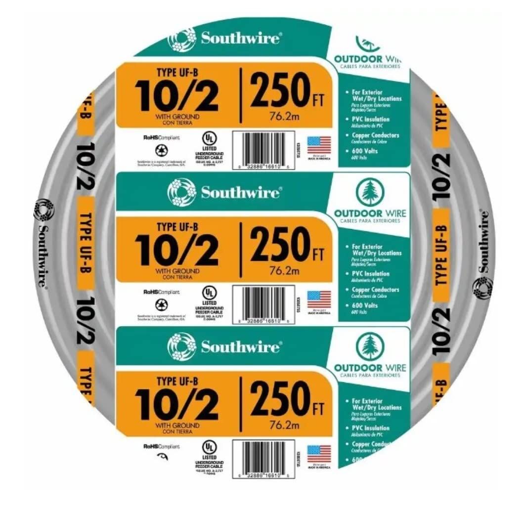 Southwire Gray UF-B Copper Cable 10 Gauge 2 Conductor Solid With Ground, 250-Ft
