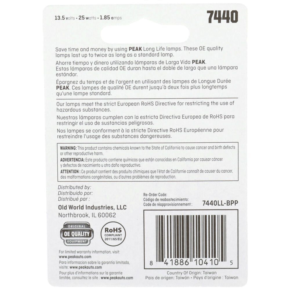 PEAK Long Life Automotive Miniature 7440 Light Bulbs, 2-Pk