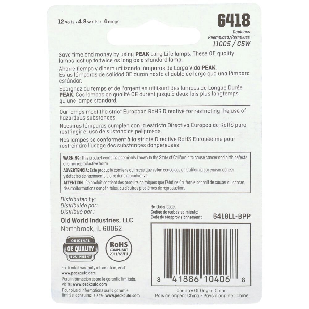PEAK Long Life Automotive Miniature 6418 Bulbs, 2-Pk