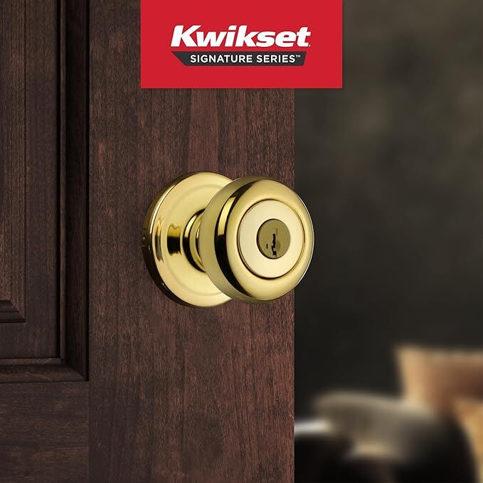 Kwikset Juno Brass Entry Door Knob with Lock and Key, 5 X 3-In