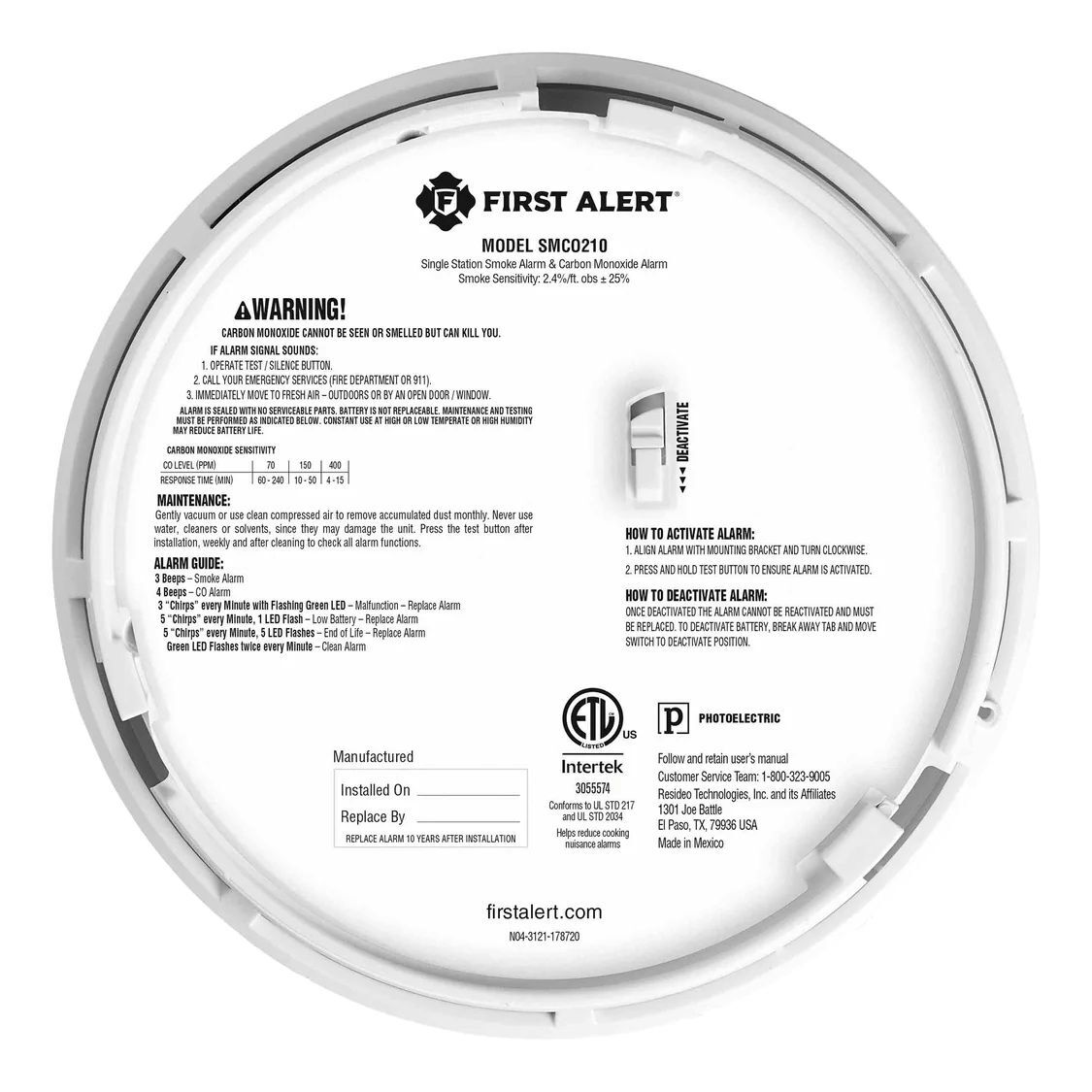 First Alert 10-Year Battery 2-in 1 Smoke and Carbon Monoxide Alarm with Slim Profile Design