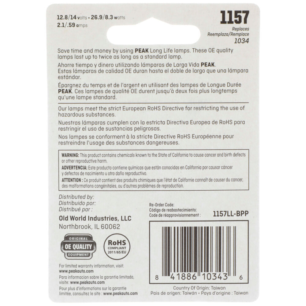 Peak Automotive 1157 Long Life Miniature Light Bulb, 2-Pk
