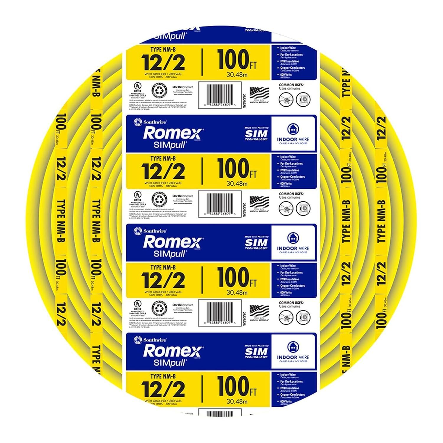Southwire Romex Brand Yellow SIMpull Copper Type NM-B Cable With Ground, 12-2 CU Solid, 100-Ft