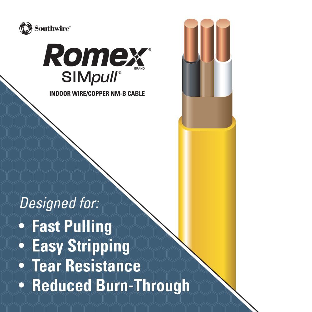 Southwire Romex Brand Yellow SIMpull Copper Type NM-B Cable With Ground, 12-2 CU Solid, 100-Ft