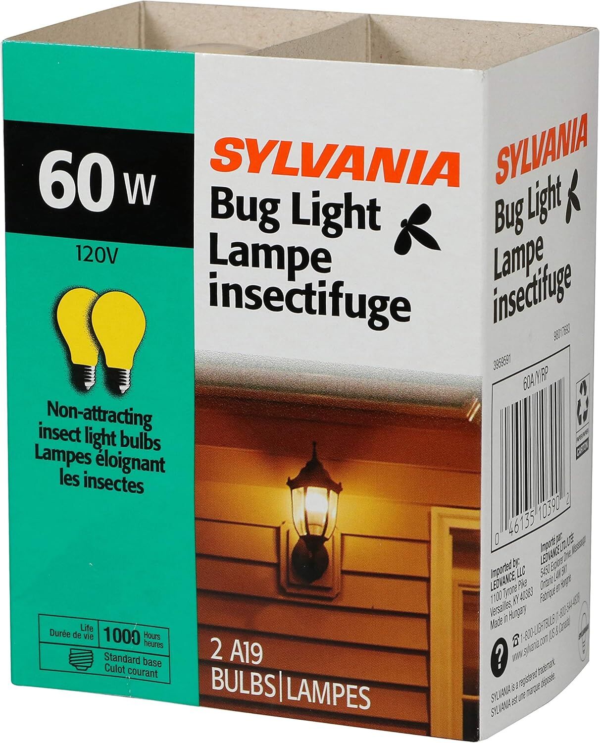 Sylvania A19 60 Watt Yellow Incandescent Bug Light Bulb, 2-Pk