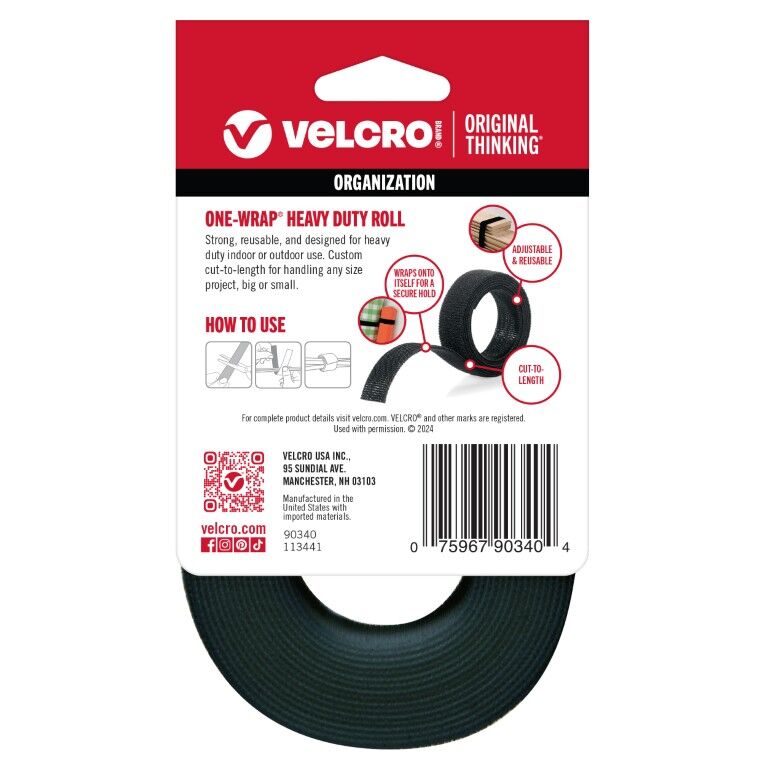 Velcro Black One-Wrap Heavy Duty Roll, 12-Ft X 3/4-In