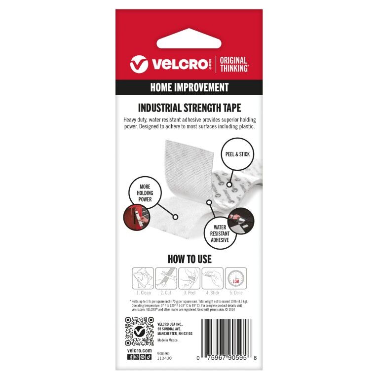Velcro Brand White Industrial Strength Tape, 2-In x 4-Ft