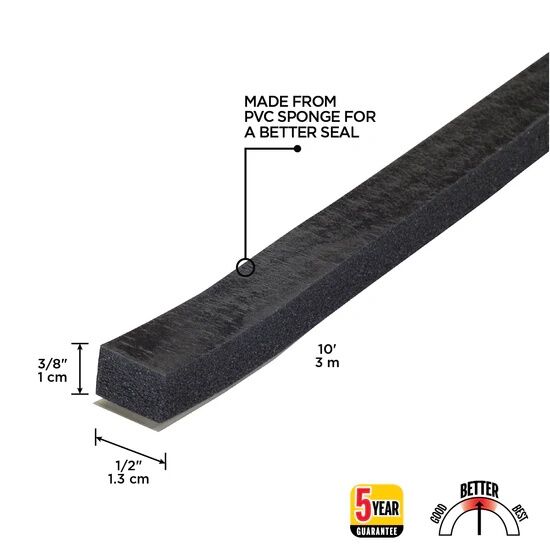 M-D Building Products Black Sponge Window Seal for Gaps, 3/8-In x 1/2-In x 10-Ft