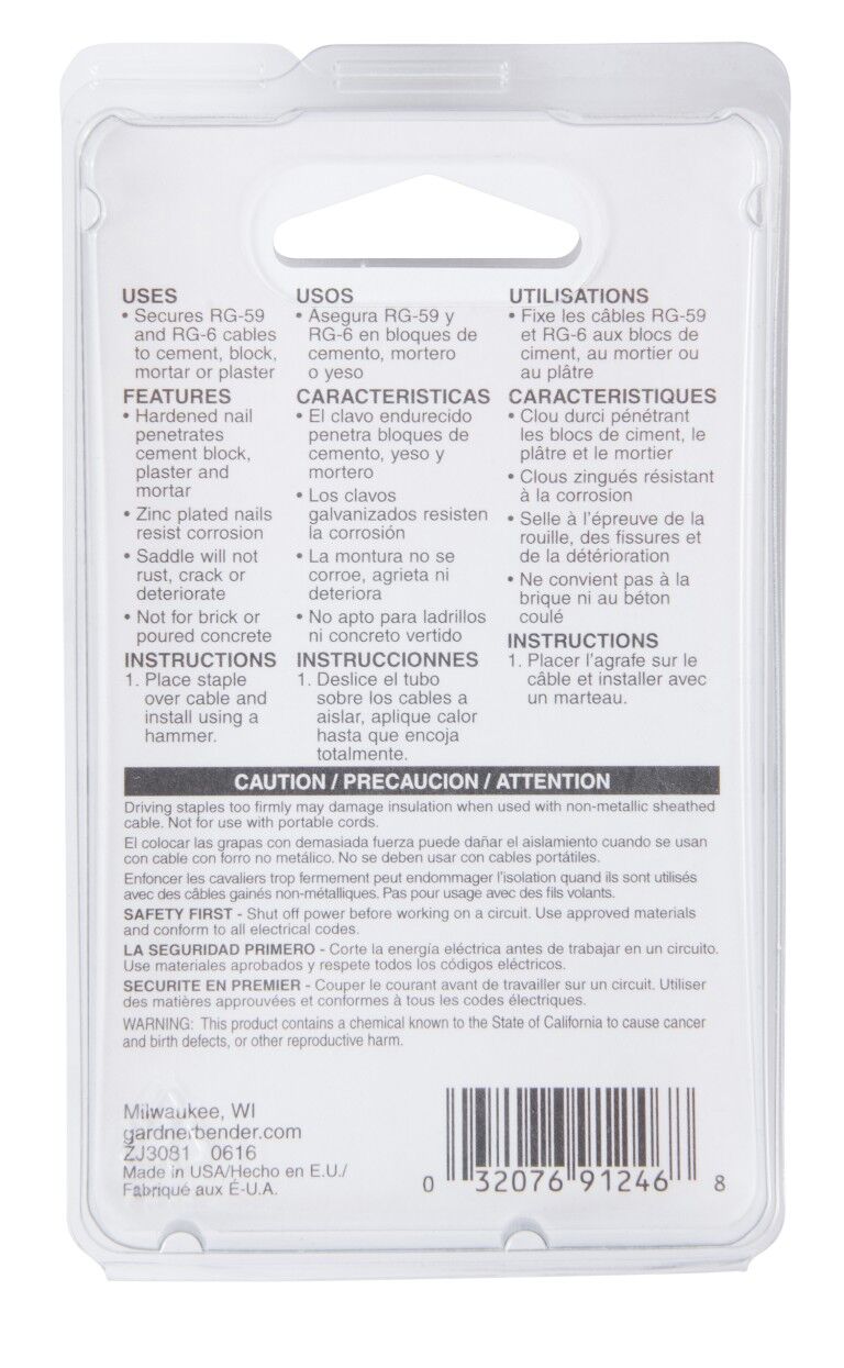 Gardner Bender Black Polyethylene Clip-On Coaxial Masonry Staples, 1/4-In, 25-Pk