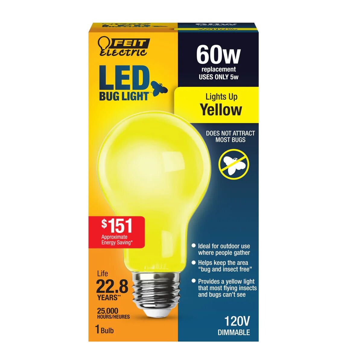 Feit Electric A19 5 Watt Yellow LED Bug Light Bulb