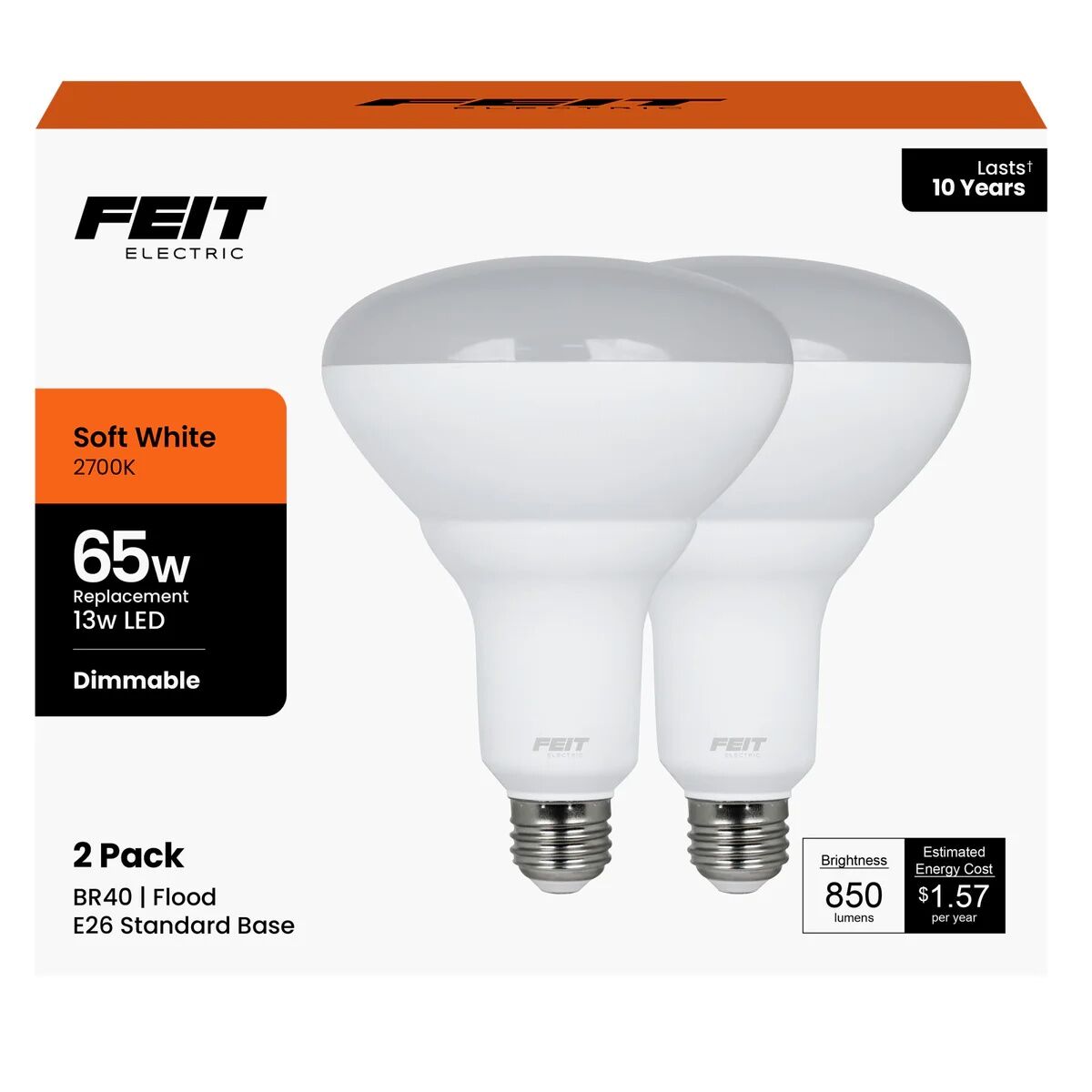 Feit Electric Soft White BR40 Dimmable Reflector LED Light Bulb, 65-W, 2-Pk