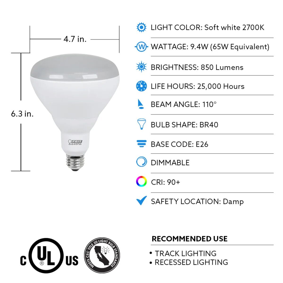 Feit Electric BR40 9.4 Watt Frosted Soft White Dimmable LED Flood Light Bulb