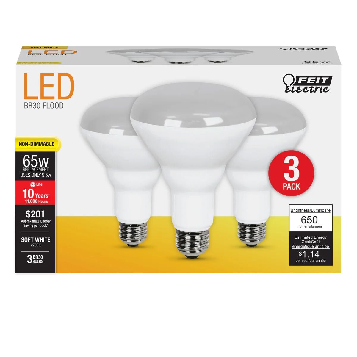 Feit Electric BR30 9.5 Watt Soft White Reflector LED Light Bulb, 3-Pk