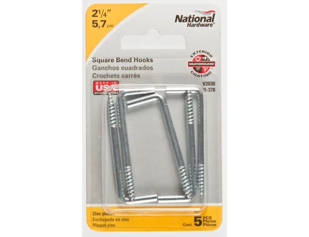 National Hardware Zinc Plated Square Bend Hooks, #108, 2-1/4-In, 5-Pk