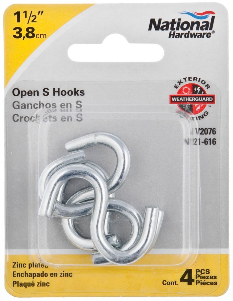 National Hardware Zinc Plated Open S Hooks, 1 1/2-In, 4-Pk