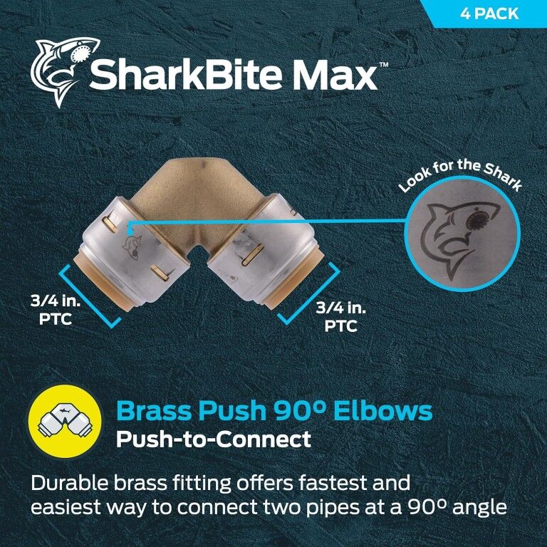SharkBite Max Brass Push 90° Elbow Fitting, 3/4-In, 4-Pk