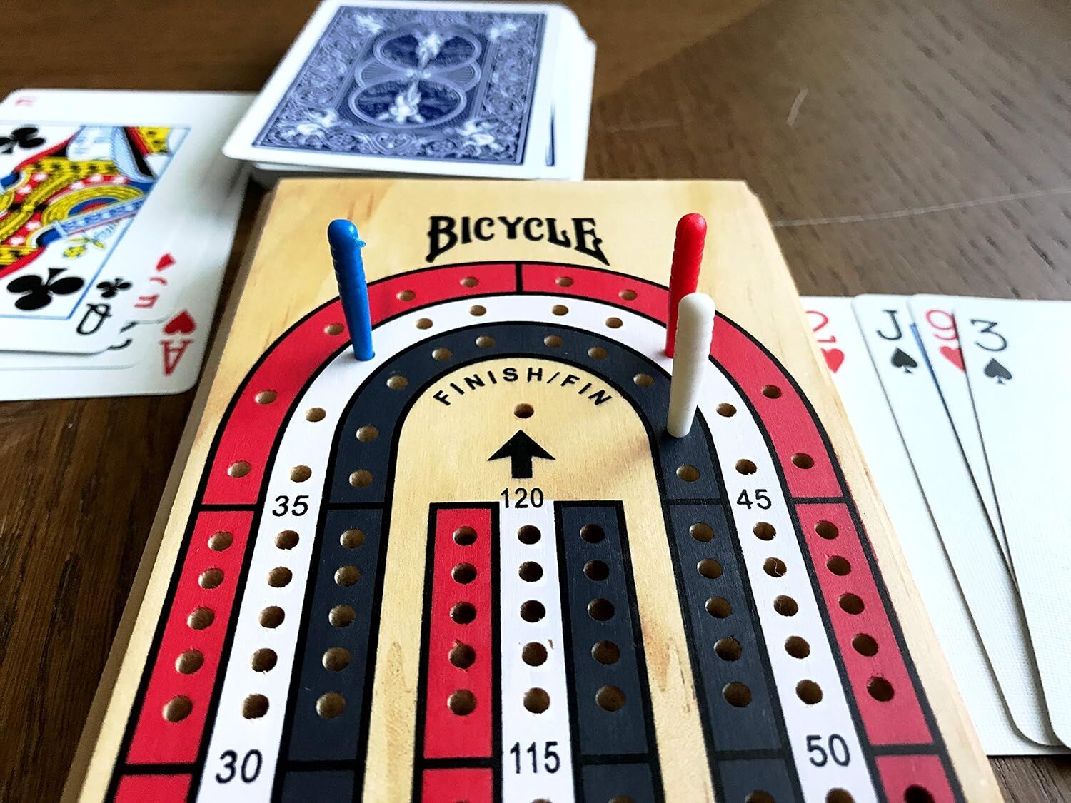 Bicycle 3-Track Color Coded Wooden Cribbage Board Game
