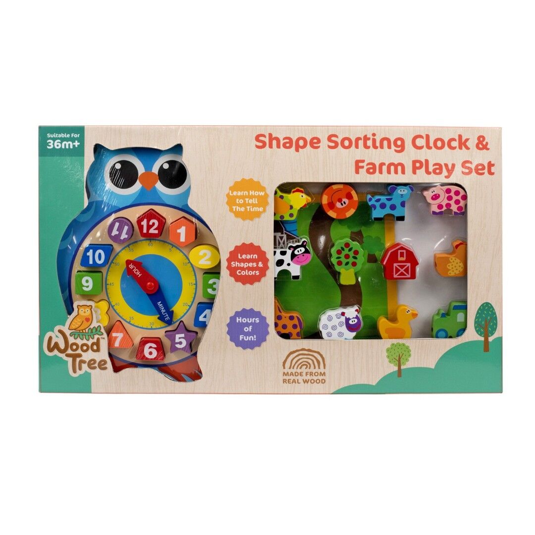 Wood Tree Real Wood Shape Sorting Clock & Farm Playset Combo
