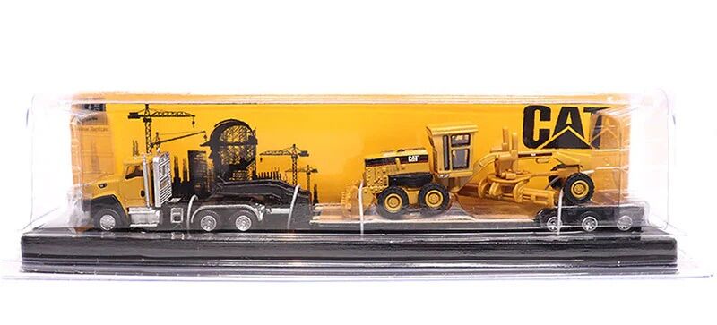 Diecast Masters 1:87 Scale Cat Semi Tractor With lowboy Trailer And Cat Diecast Machines Assorted