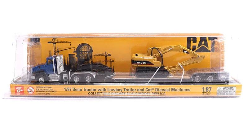 Diecast Masters 1:87 Scale Cat Semi Tractor With lowboy Trailer And Cat Diecast Machines Assorted