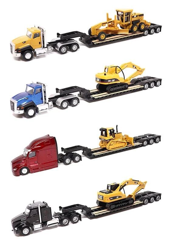 Diecast Masters 1:87 Scale Cat Semi Tractor With lowboy Trailer And Cat Diecast Machines Assorted