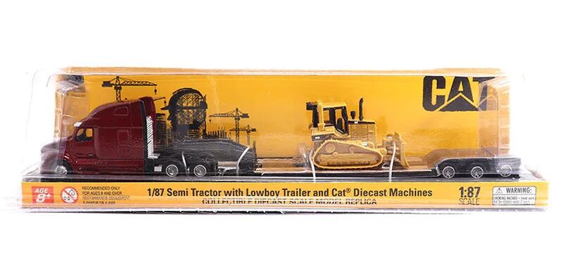 Diecast Masters 1:87 Scale Cat Semi Tractor With lowboy Trailer And Cat Diecast Machines Assorted