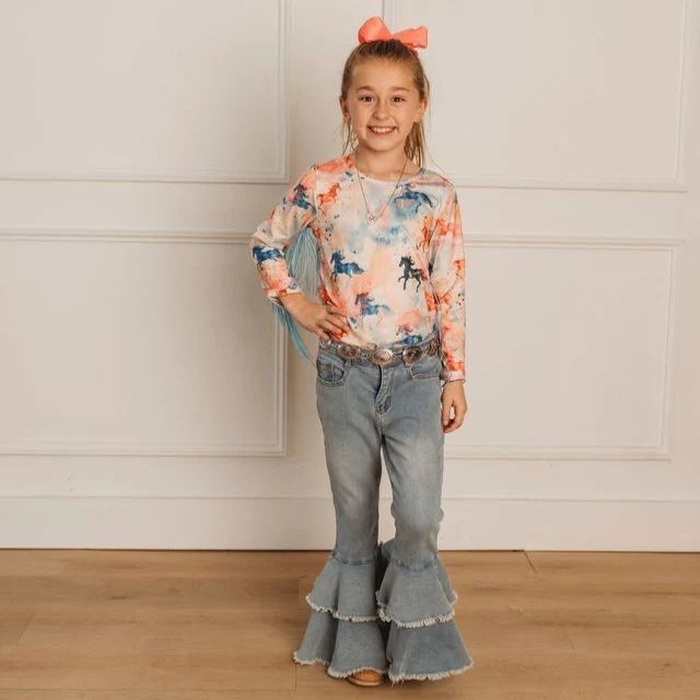 Shea Baby Kids' Watercolor Horse Long Sleeve Fringe Shirt