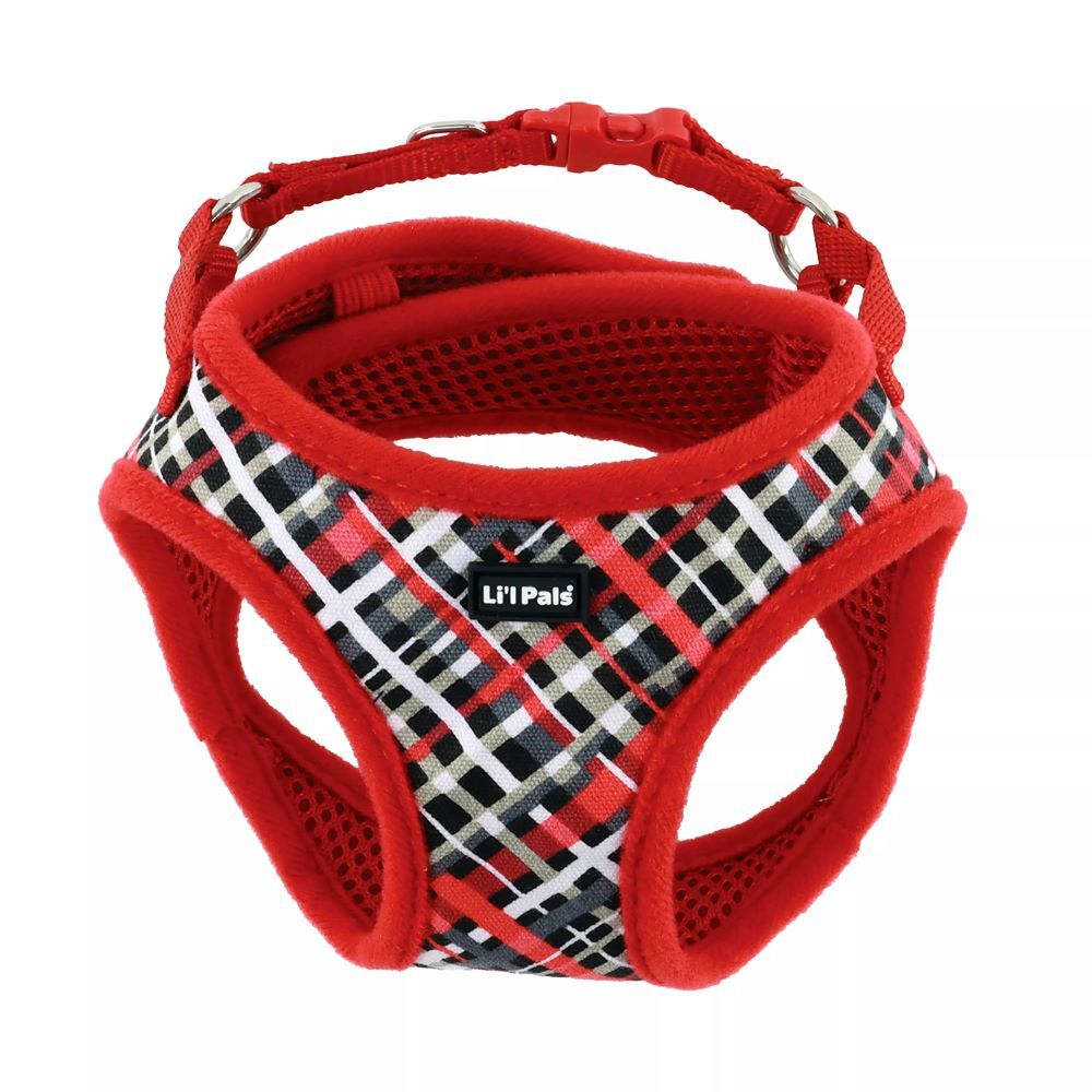 Li'l Pals Small Red & Gray Plaid Canvas Dog Harness