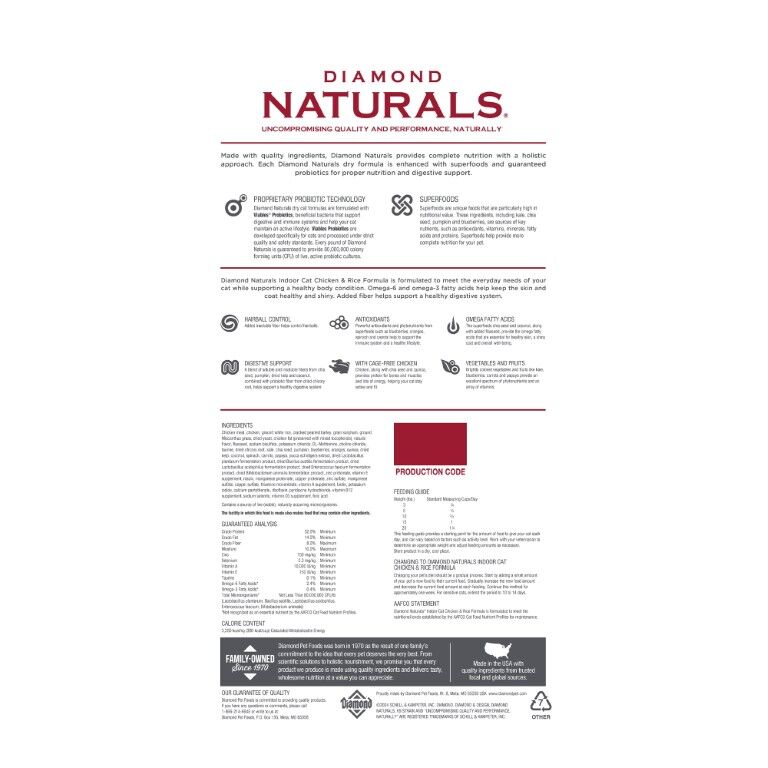 Diamond Naturals Indoor Cat Food, Chicken & Rice Formula, 6-Lb